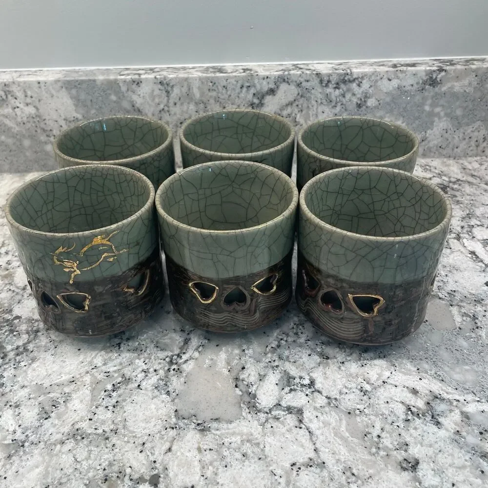 Vintage Somayaki Soma Ware Green Crackle Gold Horse Double Wall Mugs Set 6